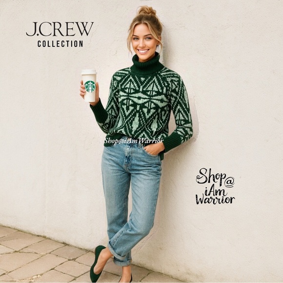 J.Crew Collection pine/aqua multiply 100% cashmere fairisle turtleneck sweater - Picture 3 of 15